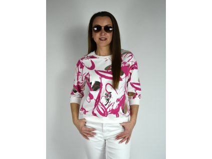 Bílá mikina s růžovým vzorem Megi, kulatý výstřih B2587