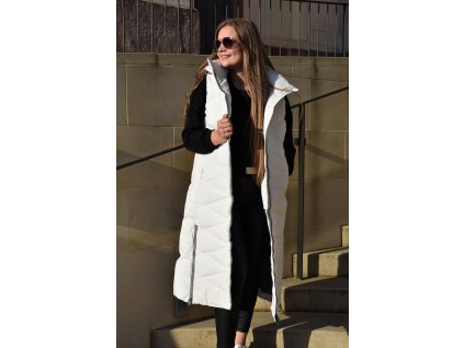 Bílá dlouhá teplá prošívaná vesta s kapucí a zipem