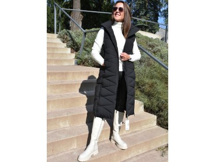 Černá dlouhá teplá prošívaná vesta s kapucí a zipem