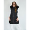 Černá dlouhá teplá prošívaná vesta s kapucí a kožíškem 48041