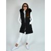 Černá dlouhá teplá prošívaná vesta s kapucí a kožíškem 48041