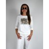 Bílé tričko s 3/4 rukávem Megi s potiskem, světle hnědý květ B1434
