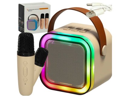 Zestaw do karaoke 2 mikrofony glosnik przenosny BLUETOOTH USB LED bezowy 162833 (1)