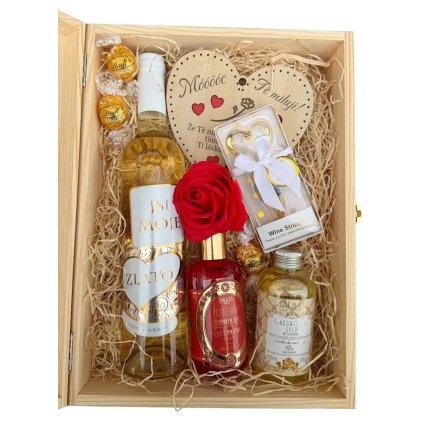 Dárkový box Pro tebe, lásko s vyznáním a zlatým vínem