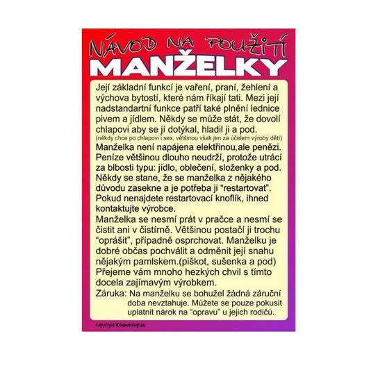 Certifikát návod na použití manželky