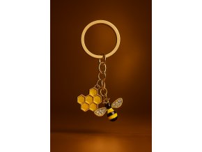 A photograph showcases a gold keychain featuring t