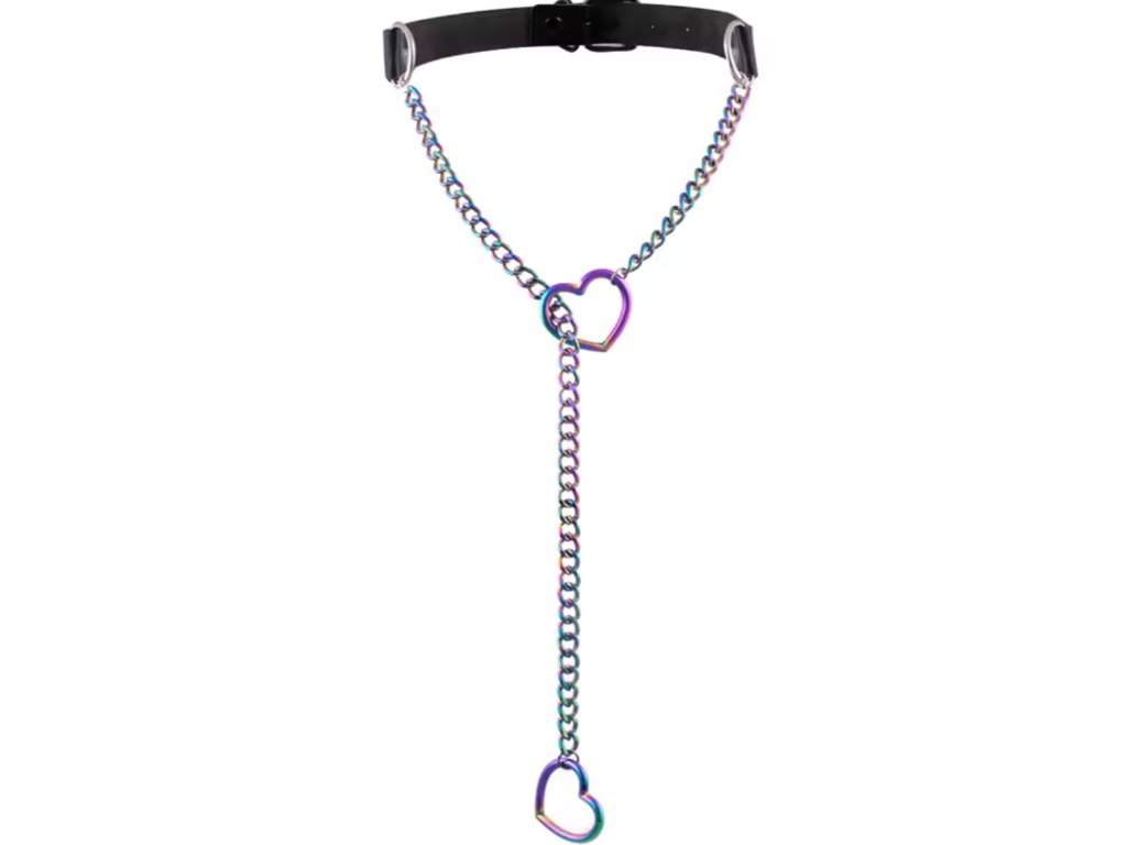 CHOKER / náhrdelník - černý dlouhým řetízkem se srdíčkem OIL SLICK MULTICOLOR