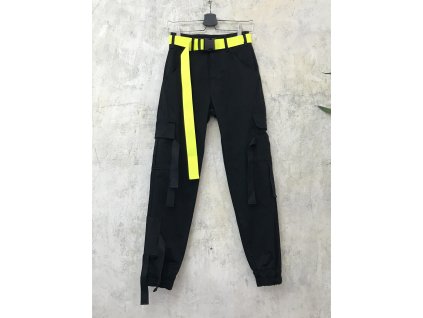 PRINCESS TIRAMISU černé unisex CARGO kalhoty kapsáče s třásněmi a neonovým žlutým páskem