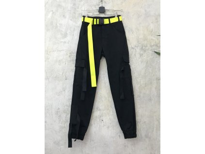 PRINCESS TIRAMISU černé unisex CARGO kalhoty kapsáče s třásněmi a neonovým žlutým páskem