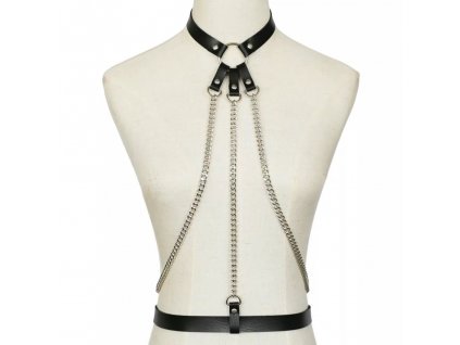 CHOKER / bodypiece harness černý se stříbrným řetízkem