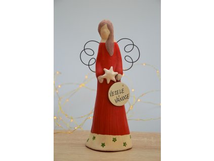 Keramický anděl malý vánoční - červený
