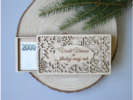 Dřevěná dárková kazeta na peníze vánoční - Veselé Vánoce a šťastný nový rok