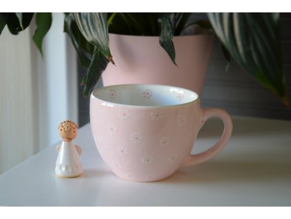 Ručně malovaný keramický hrnek na čaj - Růžový s květy