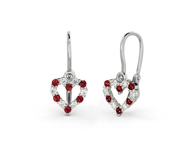 8958 detske nausnice z bileho zlata srdicka s cervenymi a cirymi zirkony