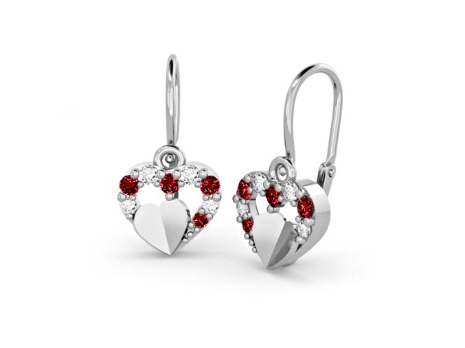 9063 detske nausnice z bileho zlata srdicka s cervenymi a cirymi zirkony a srdickem