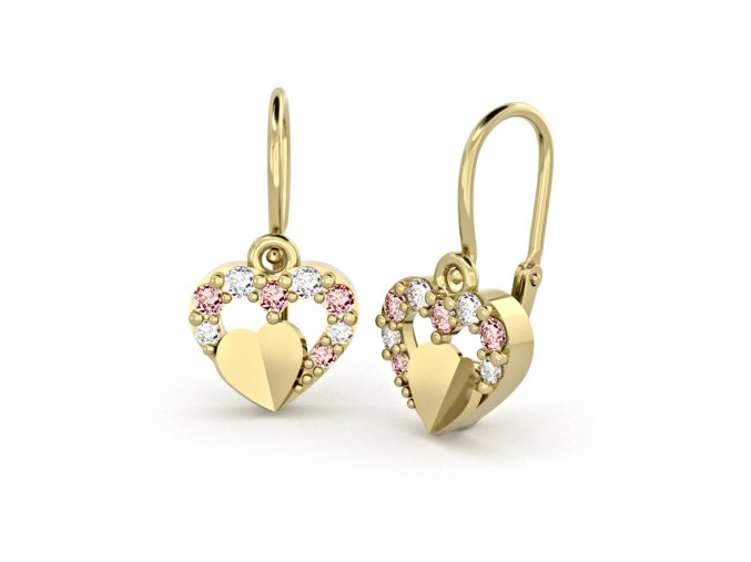 9087 1 detske nausnice ze zluteho zlata srdicka s ruzovymi a cirymi zirkony a srdickem