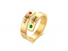 Pozlacený ocelový prstýnek s kamínky (červená, zelená)
