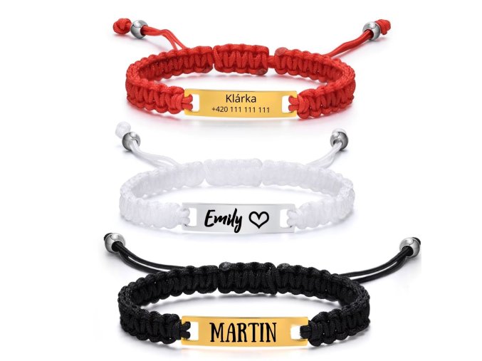 Dětský provázkový ID náramek z chirurgické oceli – s vlastním jménem nebo textem