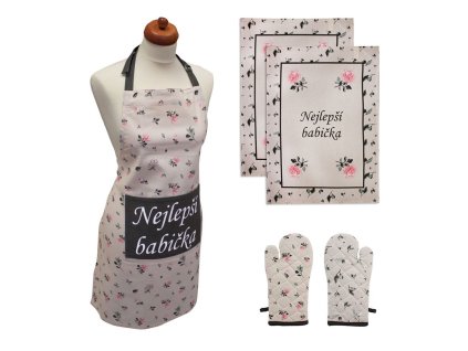 HOME ELEMENTS Set „Nejlepší babička“  Zástěra, chňapka s magnetem a dvě utěrky