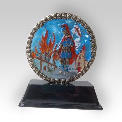 Trofej svaty Florian rucne barvena ve stojanku starozlato