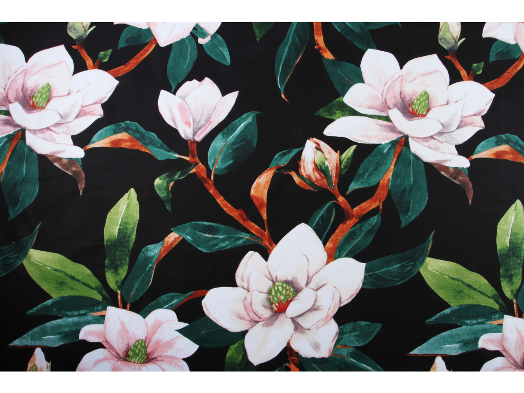 Bavlněná látka Květy magnolie - černá š.160