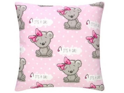 Bavlněný povlak na polštář Medvídek s mašlí růžový