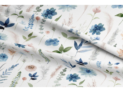 Bavlněná látka PERKÁL - Boho zahrada - modrá š.147