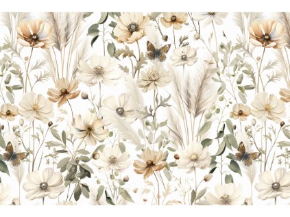 Bavlnená látka PERKÁL - Kvetinová záhrada - biela š.50 cm