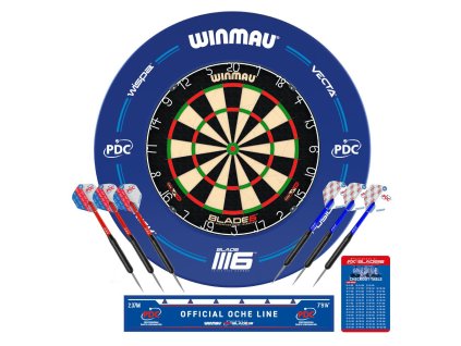 Kompletný šípkový set, terč Winmau Blade 6, PDC chránič steny, 2 sety šípok, štartovacia čiara, výst