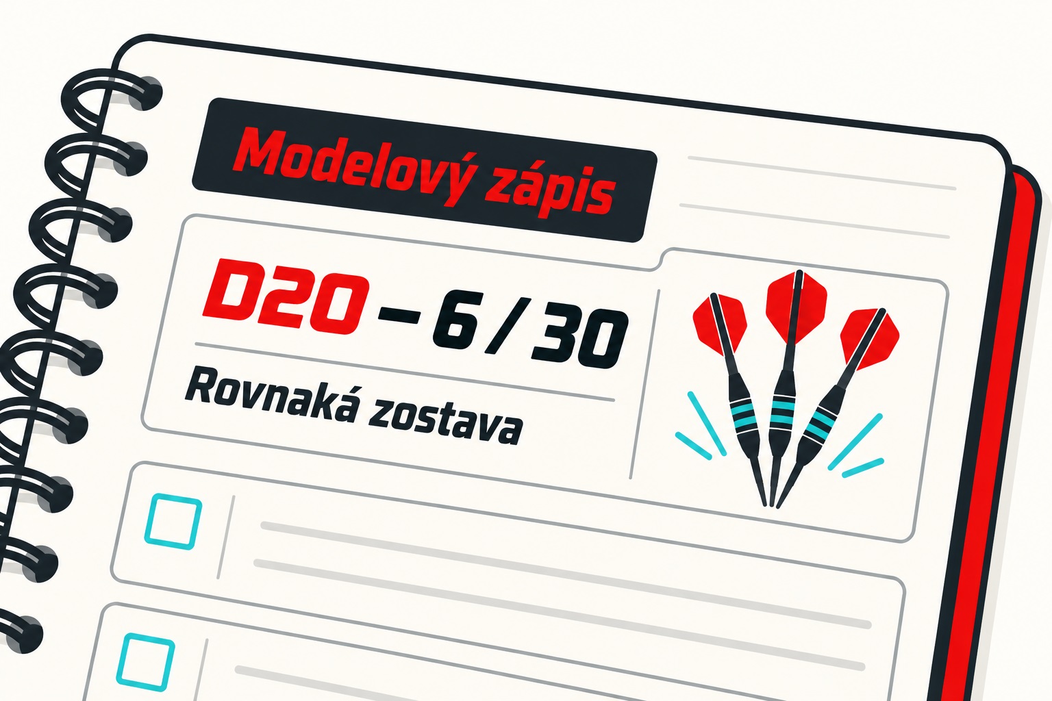 Príklad zápisu tréningu D20: šesť zásahov z tridsiatich pokusov