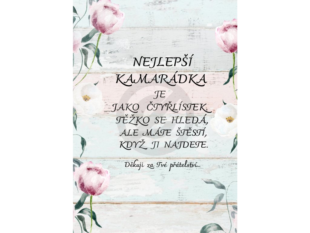 NEJLEPŠÍ KAMARÁDKA JE JAKO ČTYŘLÍSTEK. TĚŽKO SE HLEDÁM ALE MÁTE ŠTĚSTÍ KDYŽ JI NAJDETE.(15)