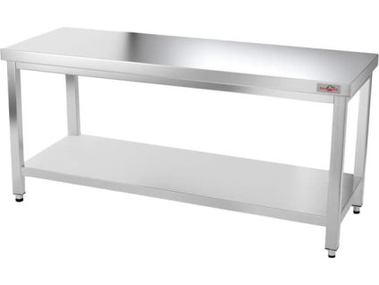 Stainless steel work table with bottom shelf without rear edge - 2.0 x 0.6 m