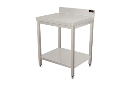 Stainless steel work table with bottom shelf and back edge - 0.7 x 0.7 m