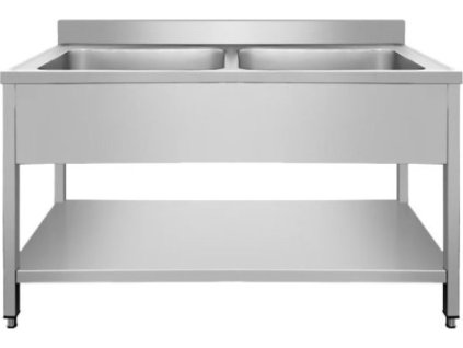 Stainless steel sink with 1.4 m shelf, 2 basins in the middle, depth 70 cm