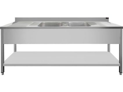 Edelstahlspüle mit Ablage 2,0 m, 2 Becken in der Mitte, Tiefe 70 cm