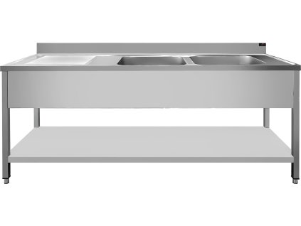 Stainless steel sink with lower shelf 1.6 m, 2 sinks on the right, depth 70 cm