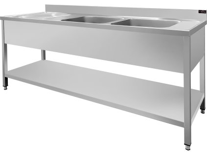 Stainless steel sink with 1.4 m lower shelf, 2 sinks on the right, depth 70 cm