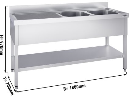Stainless steel sink with 1.8 m base, 2 basins on the right, depth 70 cm