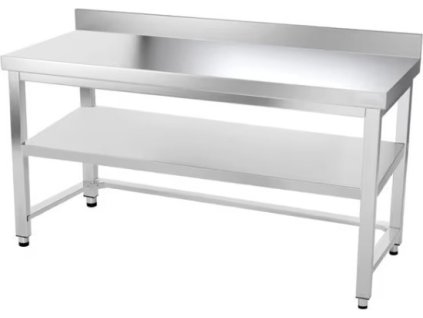 Nerezový pracovní stůl se spodní policí, trnoží a zadním lemem - 1800 x 600 x 870 mm