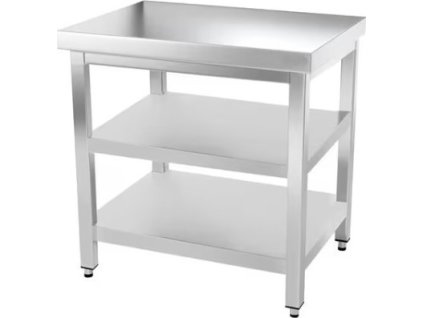 Nerezový pracovný stôl s dvoma policami bez zadného lemu - 800 x 600 x 870 mm