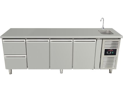 Refrigerated table with sink with 3 doors and 2 drawers on the left