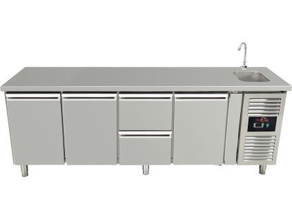 Table de congélation avec évier, 3 portes et 2 tiroirs, au milieu à droite