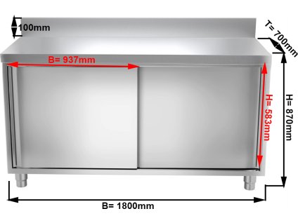 Stainless steel work cabinet - 1.8 m - with rear trim and sliding doors