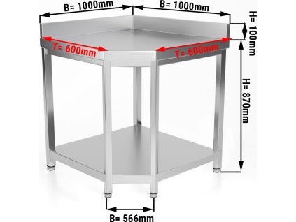 Corner workbench 600 mm - stainless steel with bottom shelf and rear upstand