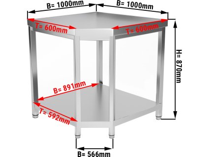 Corner workbench - 600 mm stainless steel with bottom shelf