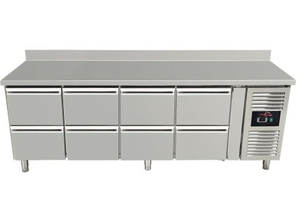 Refrigerated table with rear edge and 8 drawers