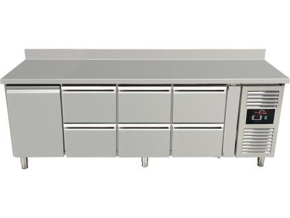 Refrigerated table with rear edge, 6 drawers and door on the left