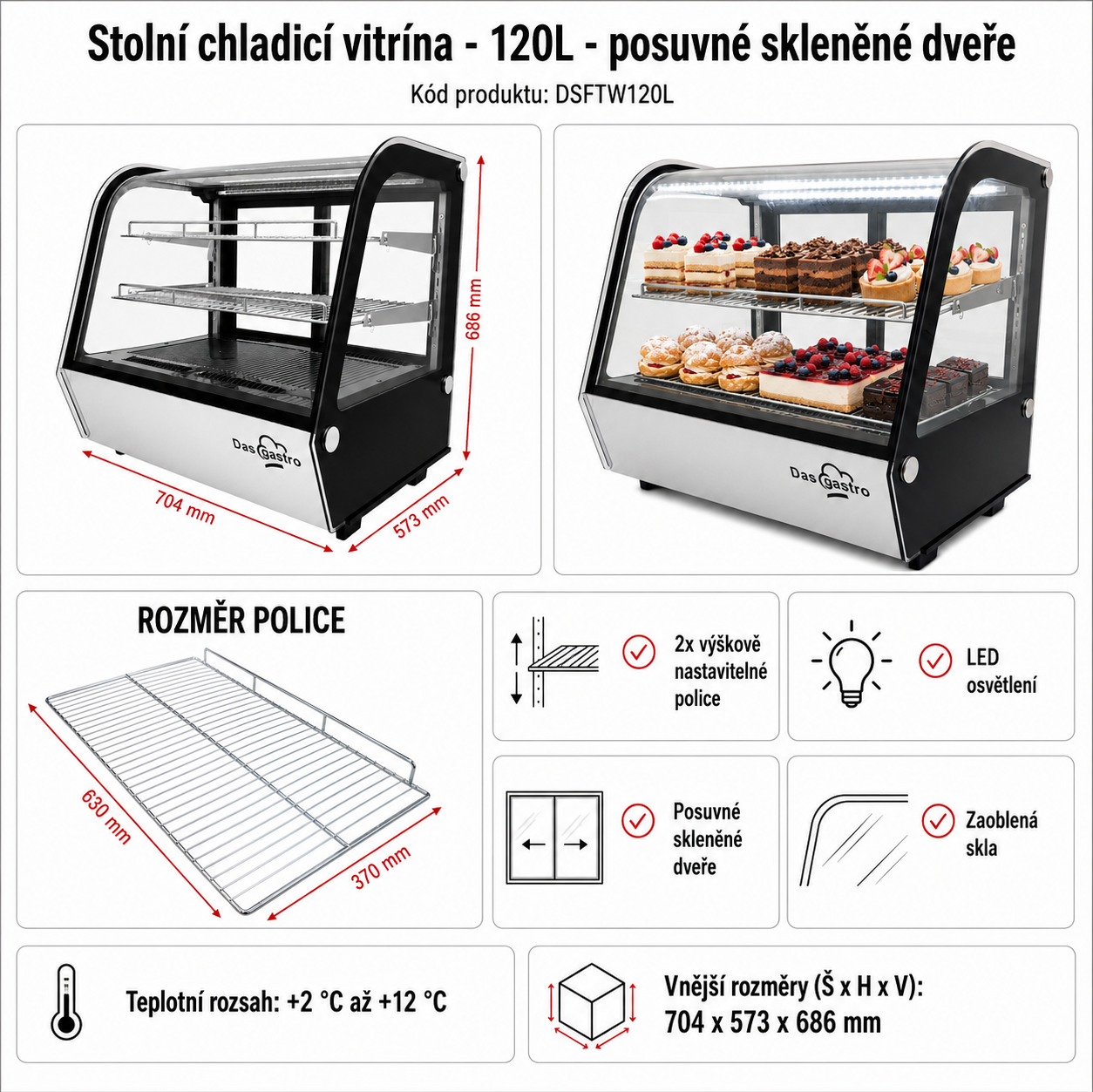 Stolní chladicí vitrína - 120L - stříbrná zaoblená