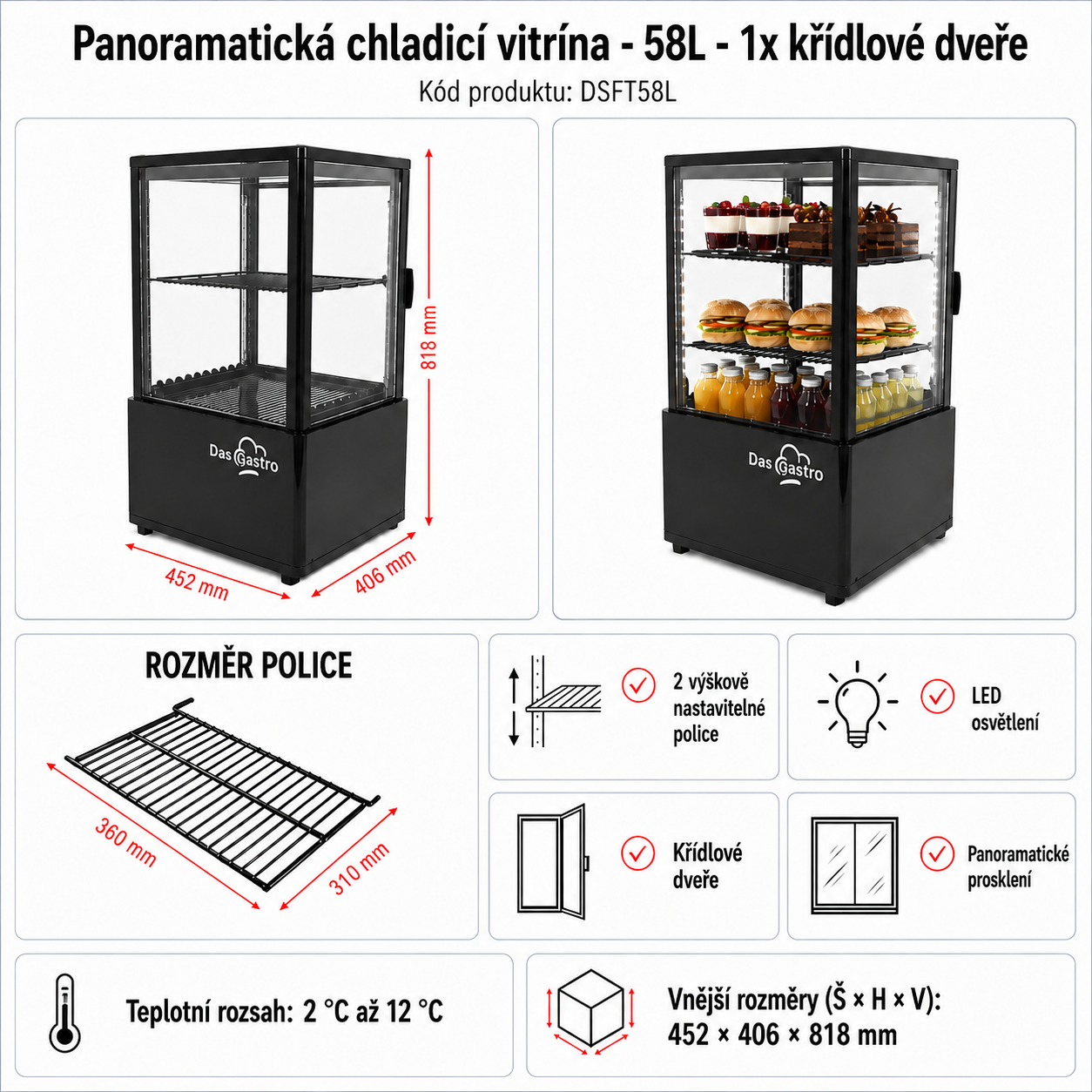 Panoramatická vitrína - 58 litrů - Černá