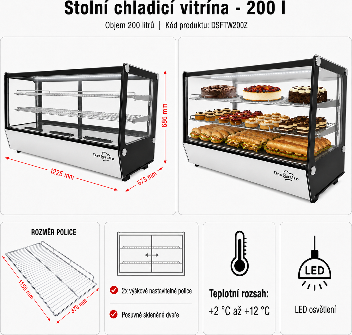 Stolní chladicí vitrína - 200L - stříbrná